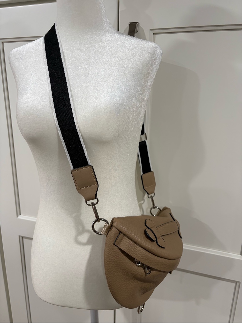 Taupe Pebbled Leather Crossbody Bag with Wide Black Strap